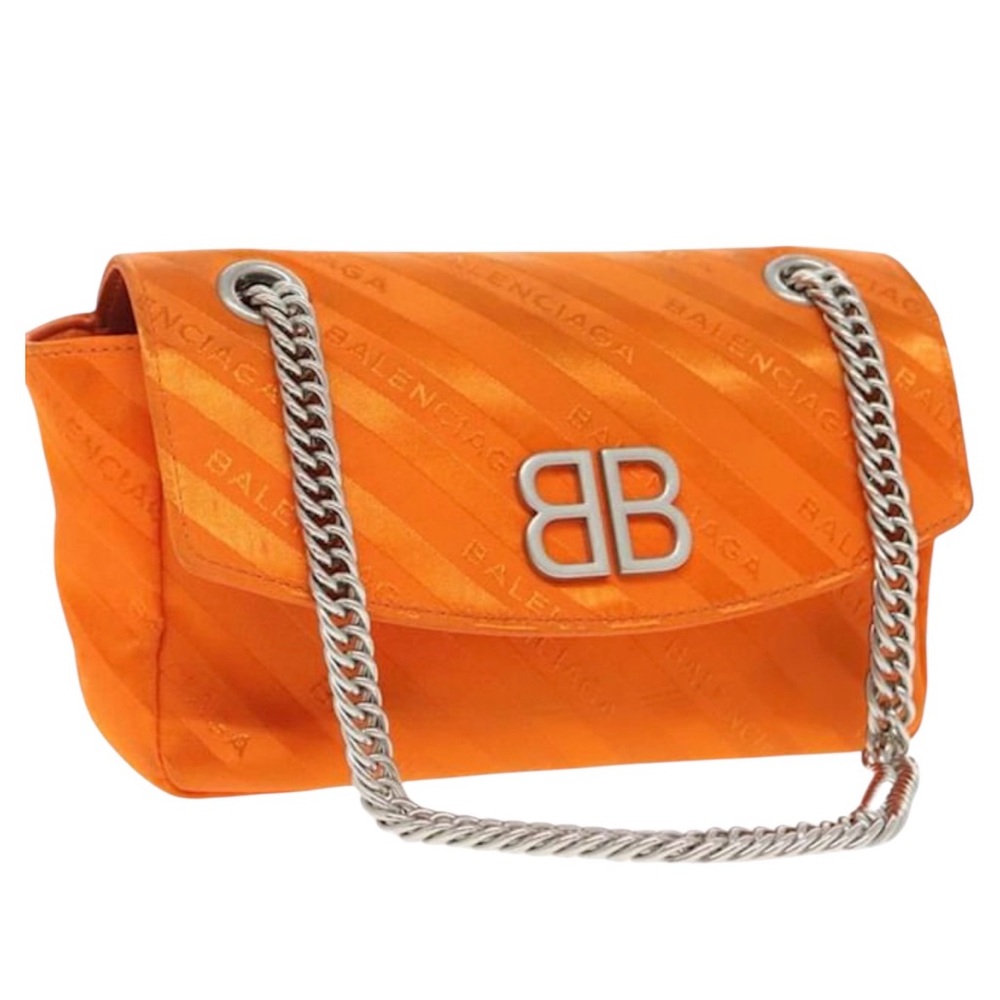 NEW Auth Balenciaga B Bag Satin Jacquard logo ribbon Orange Shoulder Bag COA